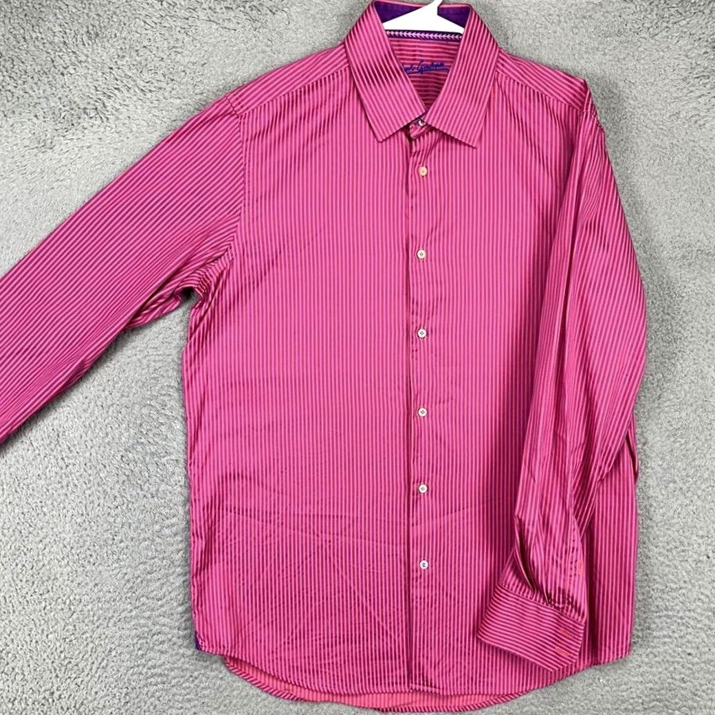 Robert Graham Robert Graham Dress Shirt Mens 16-41 Pink Purple Striped Flip Cuff Barrel Cuff Long Sleeve Cotton Casual Formal Preppy Mens Regular Size L Size 42R - 2 Thumbnail