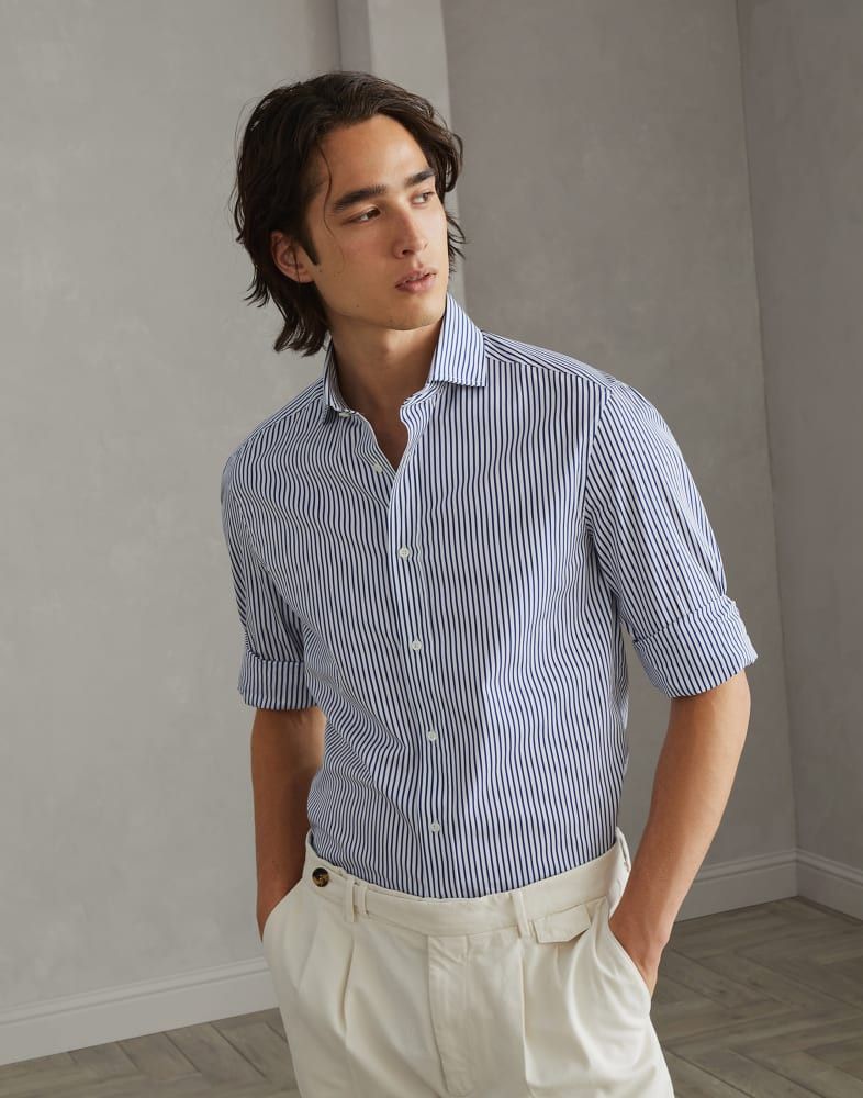 Brunello Cucinelli o1w1db10825 Stripe Pattern Cotton Shirt in Blue Size US S / EU 44-46 / 1 - 3 Thumbnail