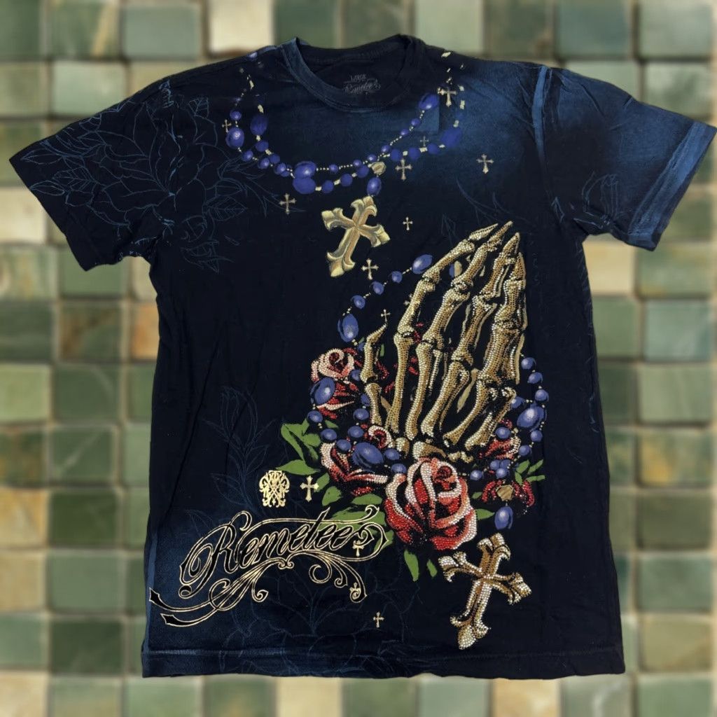 Vintage Remetee T Shirt Men’s Large Rosary Prayer Hands Skeleton Rose Cross Jesus Bead Black L Mens Size US L / EU 52-54 / 3 - 1 Thumbnail