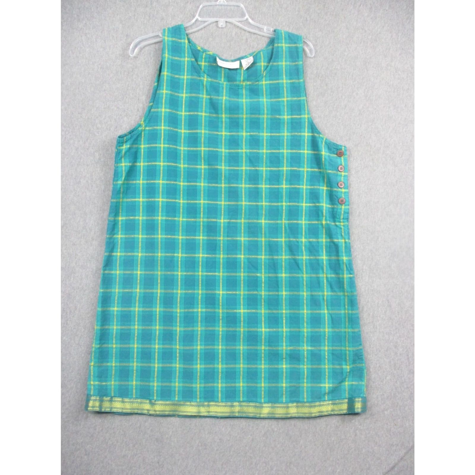 Vintage Lemon Grass Blouse Womens Large Green Plaid 100% Cotton Sleeveless Tunic Top Size L / US 10 / IT 46 - 2 Thumbnail