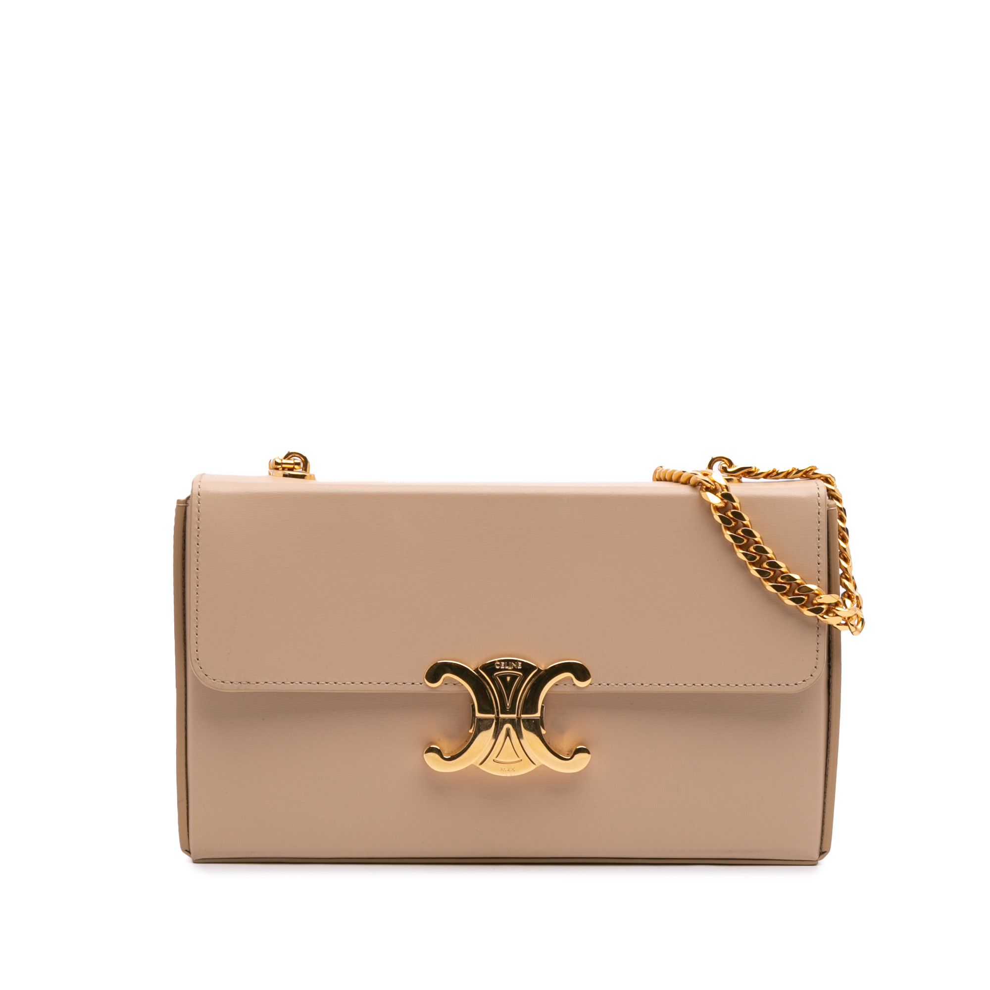 Celine Shiny Calfskin Triomphe Chain Box Shoulder Bag in Brown, Women's