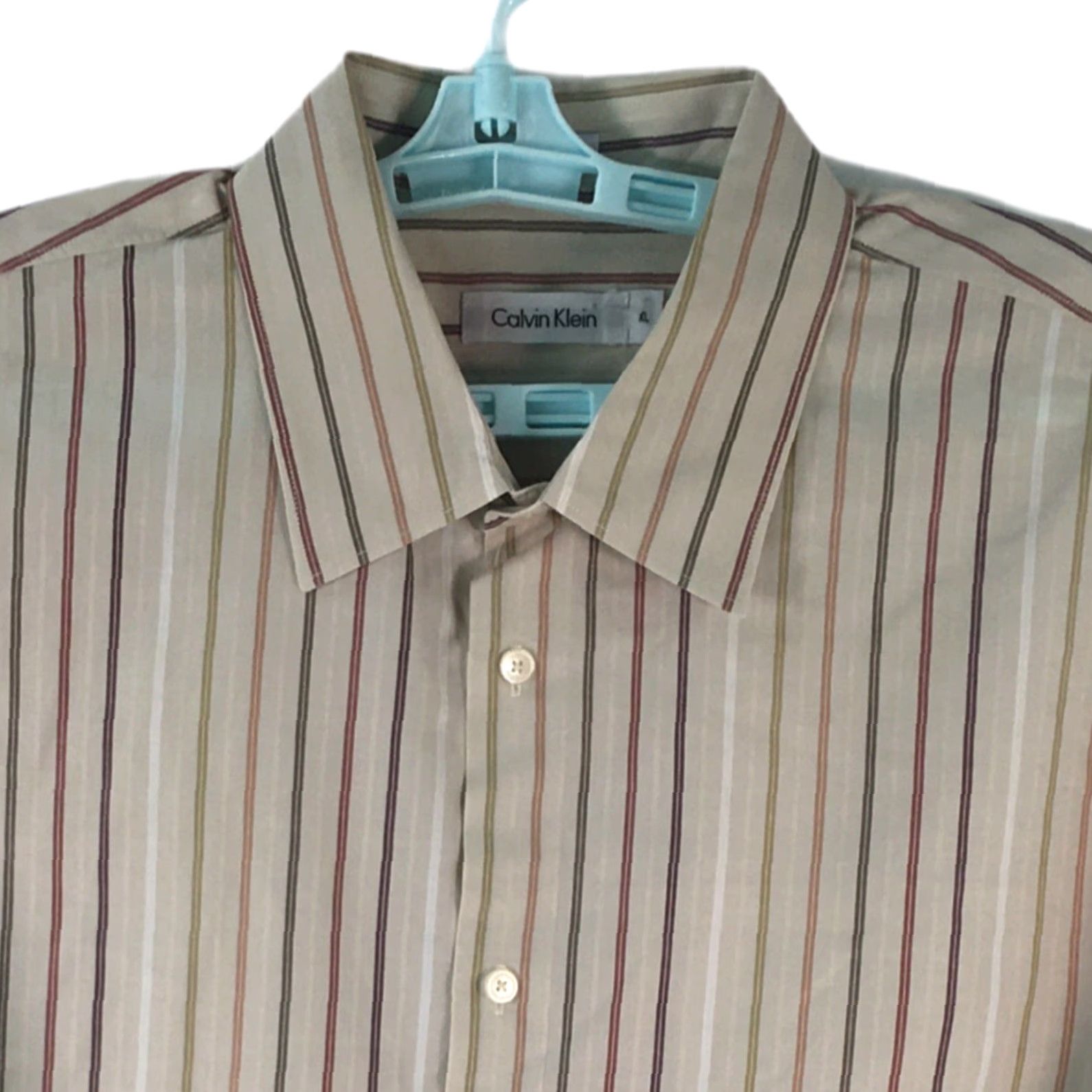 Calvin Klein Calvin Klein Mens Striped 100% Cotton Long Sleeve Button Down Tan Shirt Size XL Size US XL / EU 56 / 4 - 4 Thumbnail