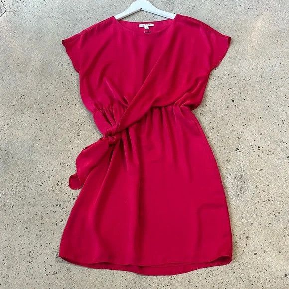 image of Carven Red Satin Tie-Waist Cap-Sleeve Dress, Women's (Size Small)