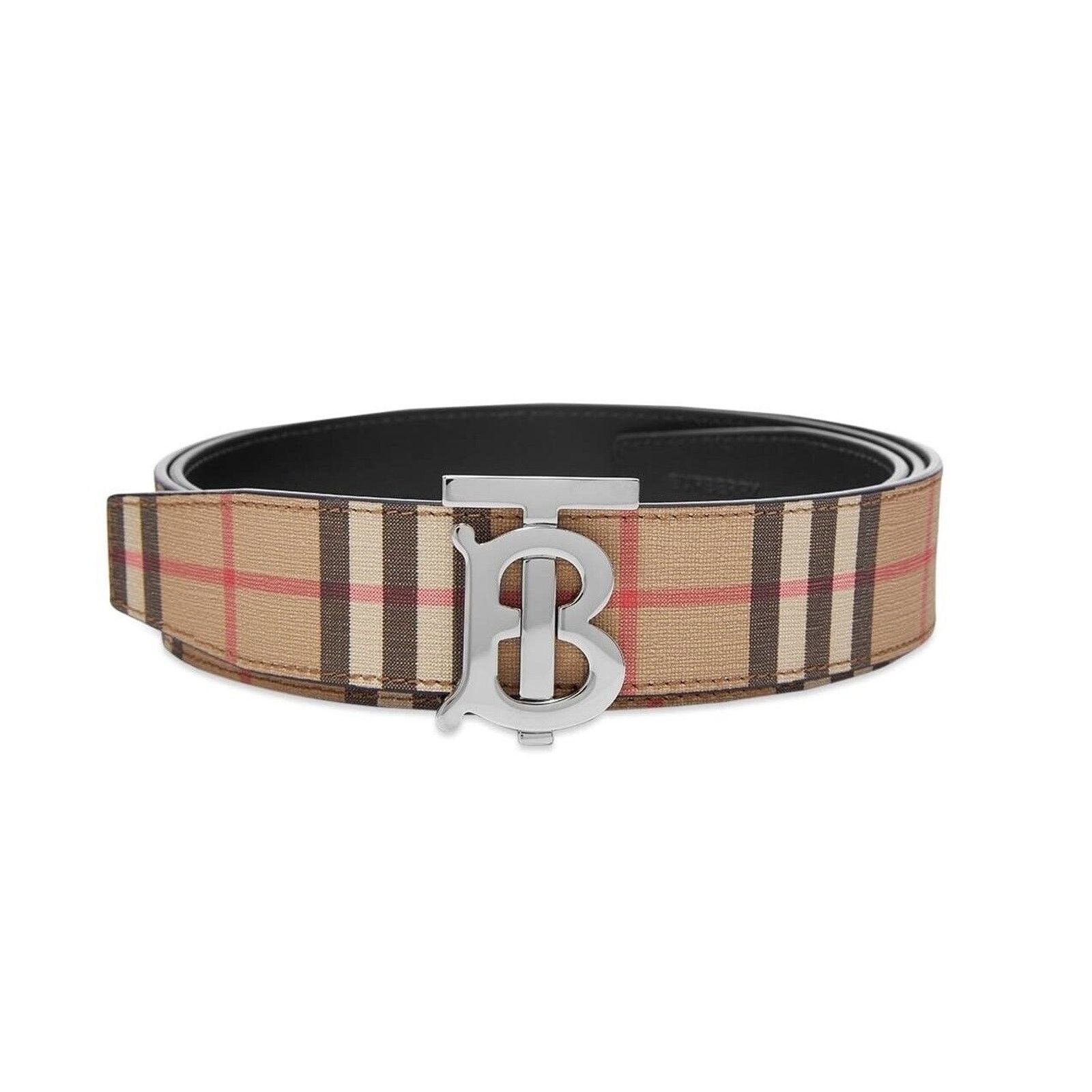 Burberry TB 35 BEIGE CHECK BLACK LEATHER REVERSIBLE LOGO BELT 95 38 Size 38 - 1 Thumbnail