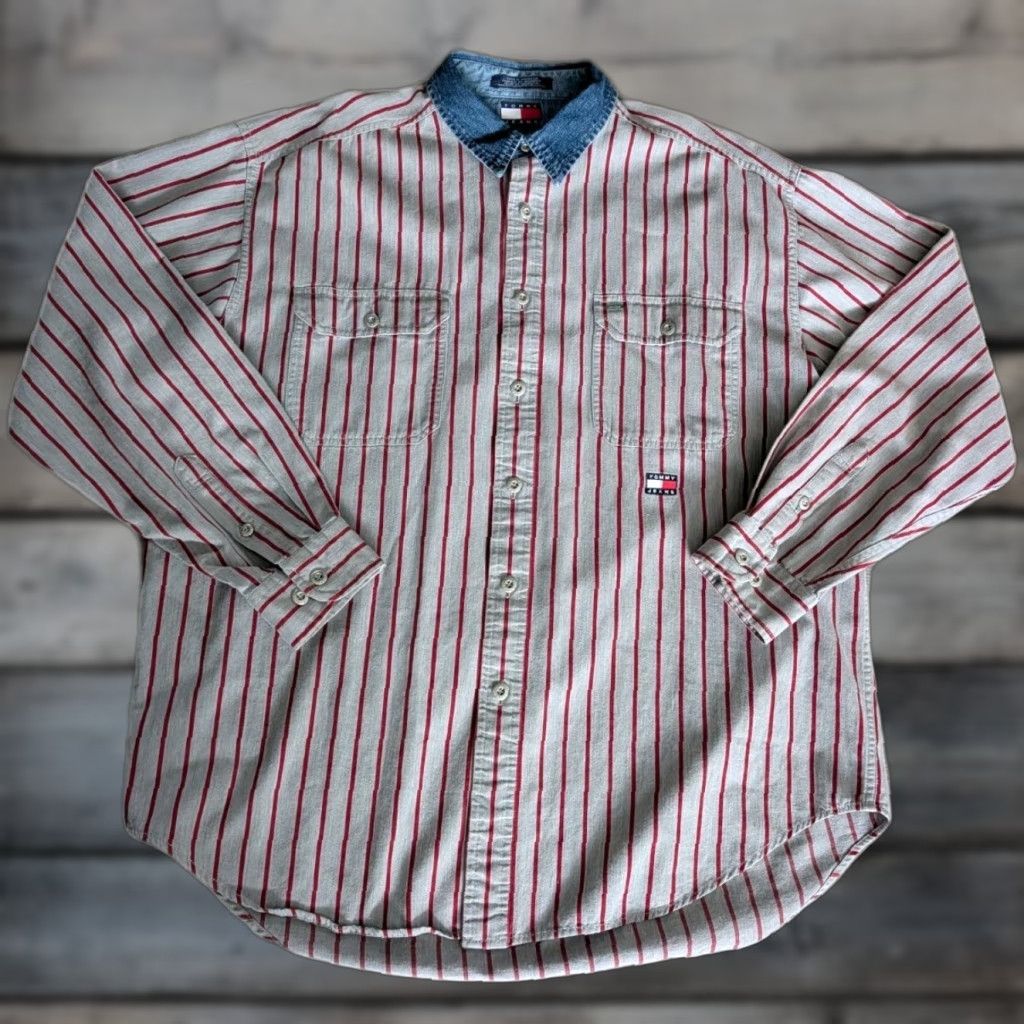 Tommy Hilfiger VINTAGE Tommy Hilfiger Red Striped Long Sleeve Button-Up Shirt Denim Collar Sz L 90s Hip Hop Mens Size US L / EU 52-54 / 3 - 1 Thumbnail