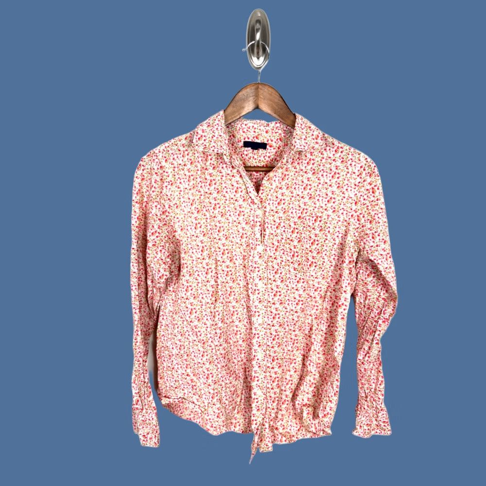 Gap Blouse Womens Size M Orange Pink Floral Lightweight Long Sleeve Button Collared Regular Fit Casual, Women's
