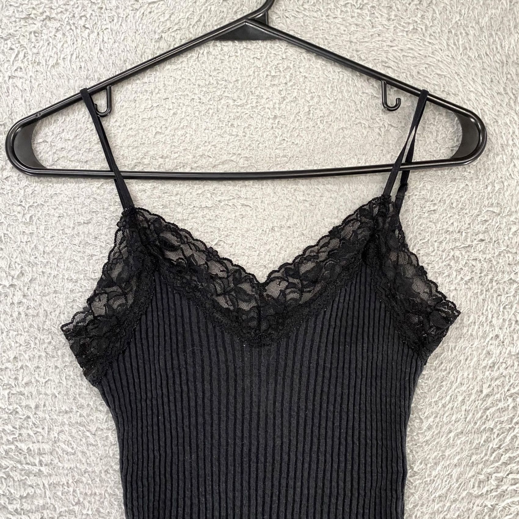 Vintage VTG Frenchi Y2K Tank Top Womens Medium Black Ribbed Lace Trim Spaghetti Strap Size M / US 6-8 / IT 42-44 - 2 Thumbnail