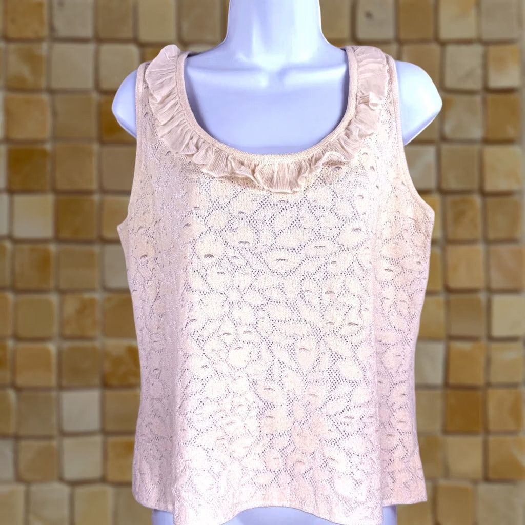 St. John St. John Blouse Sleeveless Scoop Neck White Cotton Blend Size M Ruffle Hem Tank Top Women Regular Basic Shirt Classic Fit Size M / US 6-8 / IT 42-44 - 1 Thumbnail