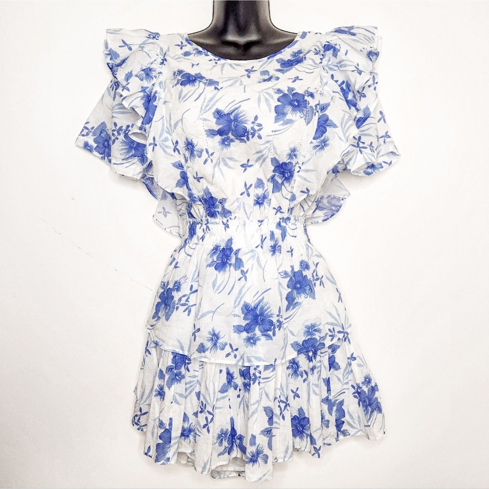 LoveShackFancy LoveShackFancy White Blue Floral Natasha Mini Ruffle Dress S Size S / US 4 / IT 40 - 2 Thumbnail