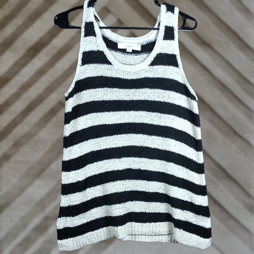 Ann Taylor Ann Taylor Women Sweater Tank Black Stripe Knit Nylon Blend Large Sleeveless Scoop Neck Size L / US 10 / IT 46 - 1 Thumbnail