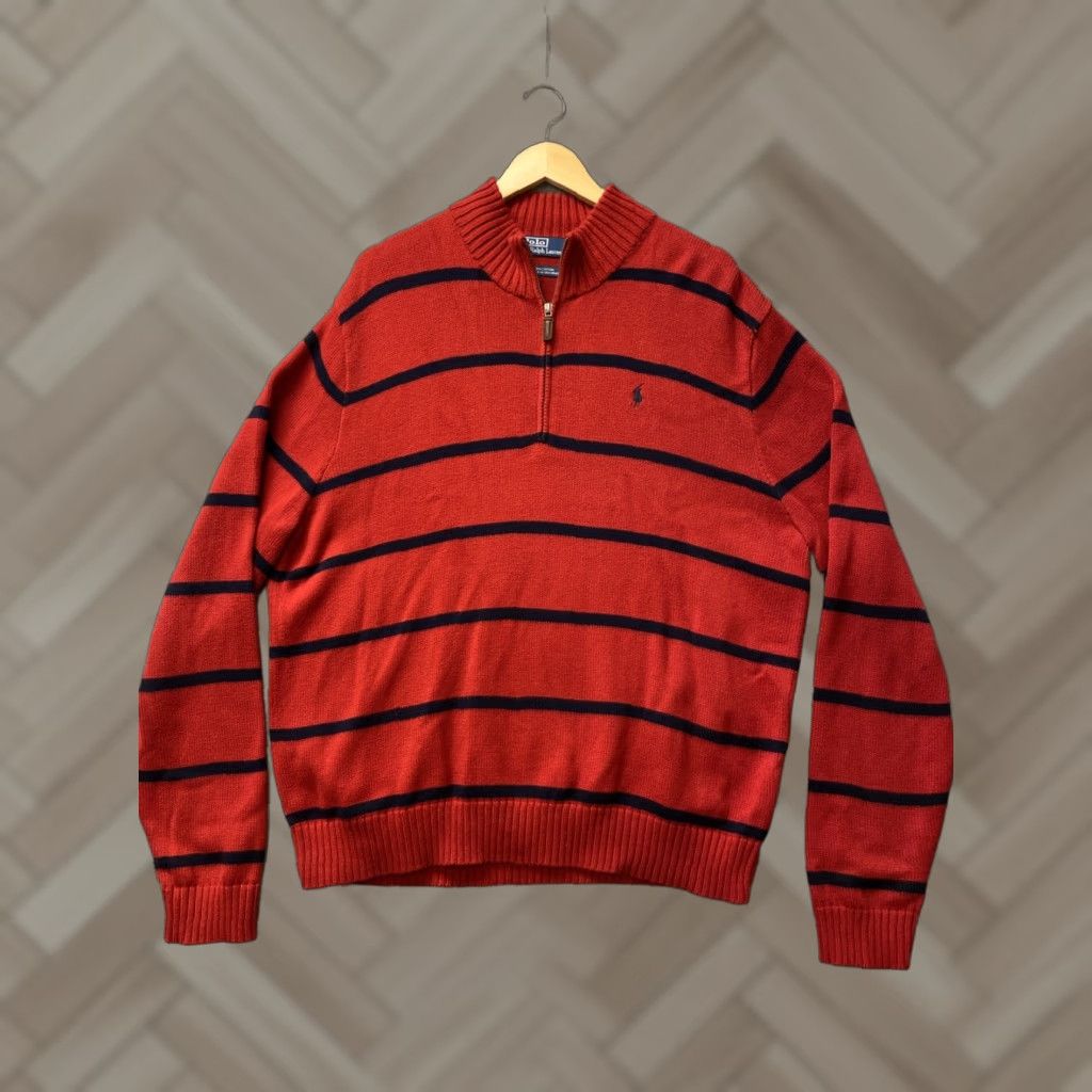 Polo Ralph Lauren Polo Ralph Lauren Men’s Sweater Quarter-Zip Knit Red Striped XL Long Sleeve Zip Logo Embroidered Size US XL / EU 56 / 4 - 1 Thumbnail