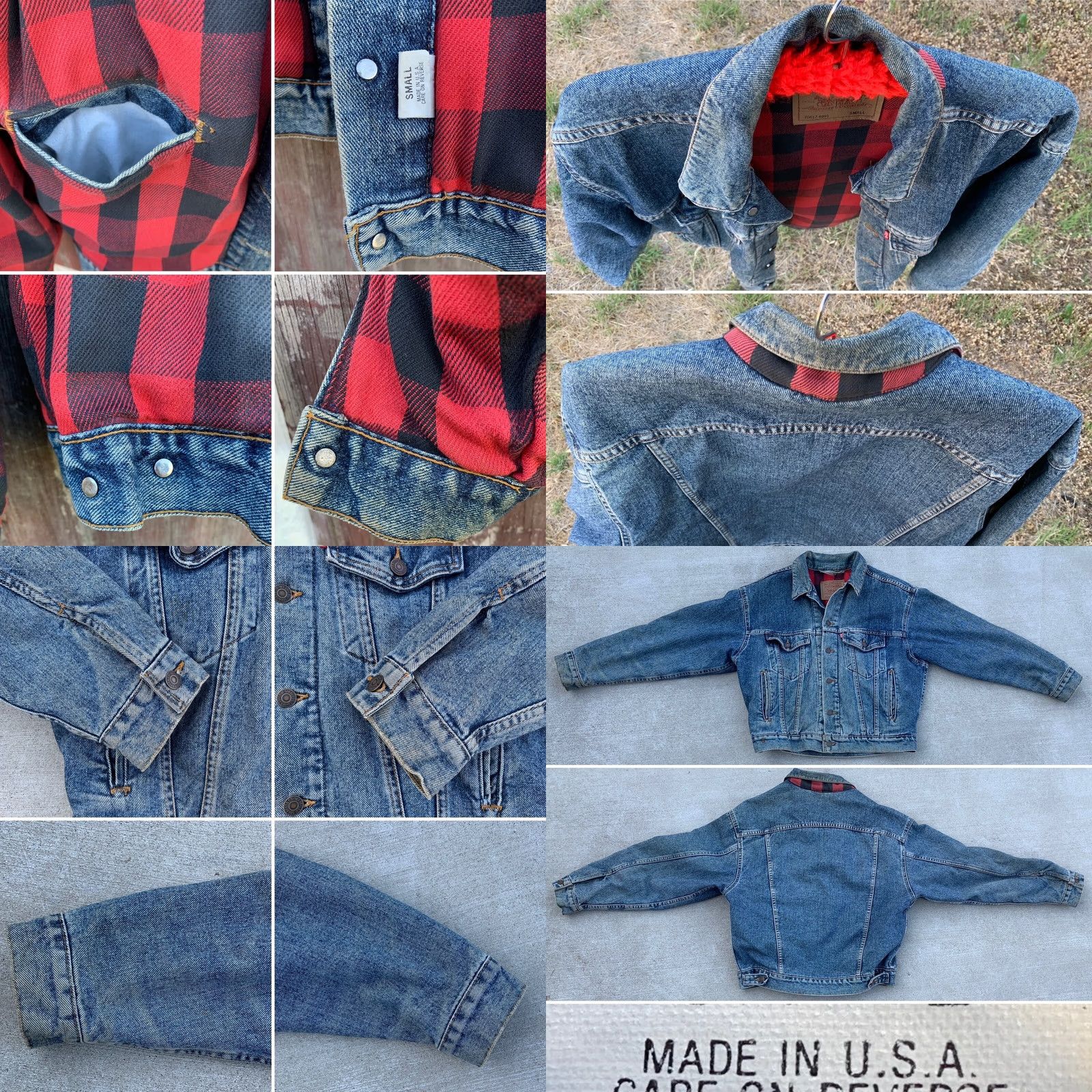Levi's VINTAGE Levi's Denim Jacket Buffalo Plaid Lined Made In USA Cowboy Core Trucker S Mens Jacket Wide Western 70417-4891 Blue Denim Cotton Lined Vintage Size US S / EU 44-46 / 1 - 8 Thumbnail