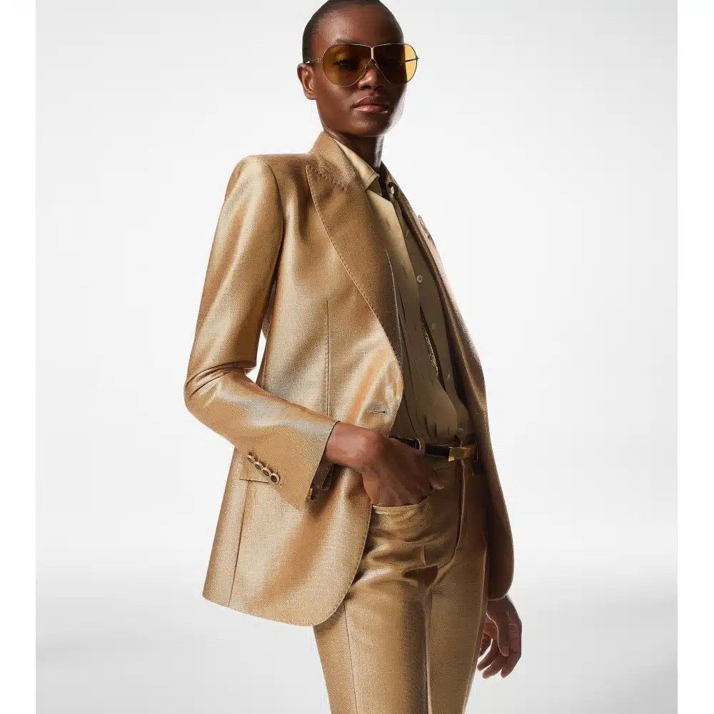 Tom Ford o1loc1c0525 GI2970 Compact Lurex Wool Wallis Jacket in Gold Size L / US 10 / IT 46 - 2 Thumbnail