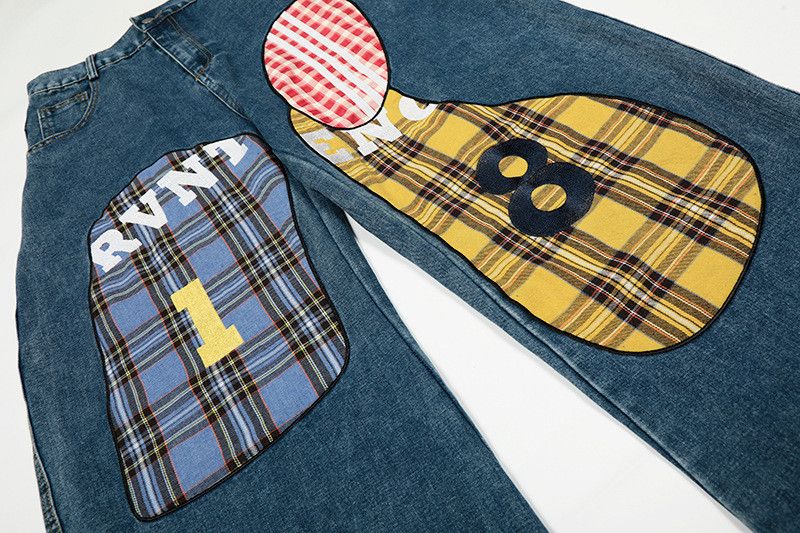 Jean American Retro Plaid-Embroidered Curved-Leg Jeans Size US 32 / EU 48 - 3 Thumbnail