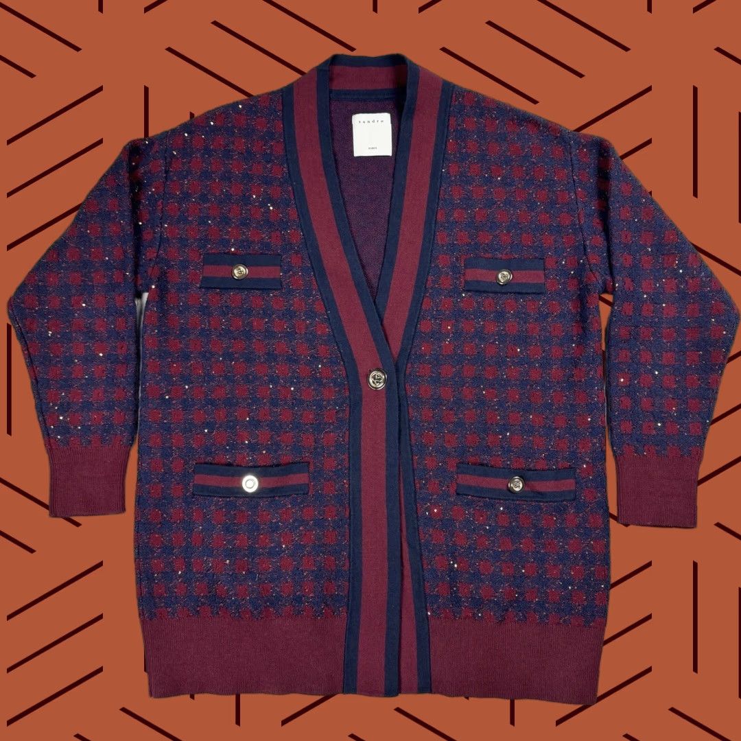 Sandro Sandro Cardigan WOMENS V-NECK CHECKED W/SEQUINS MARINE BORDEAUX PREPPY Size ONE SIZE - 1 Thumbnail