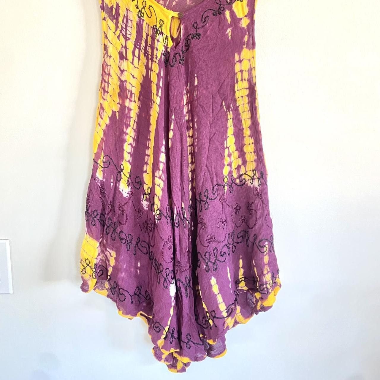 Vintage BOHEMIAN TIE DYE SUNFLOWER GOLD BURGUNDY DRESS MINI FLOWY Size ONE SIZE - 3 Thumbnail