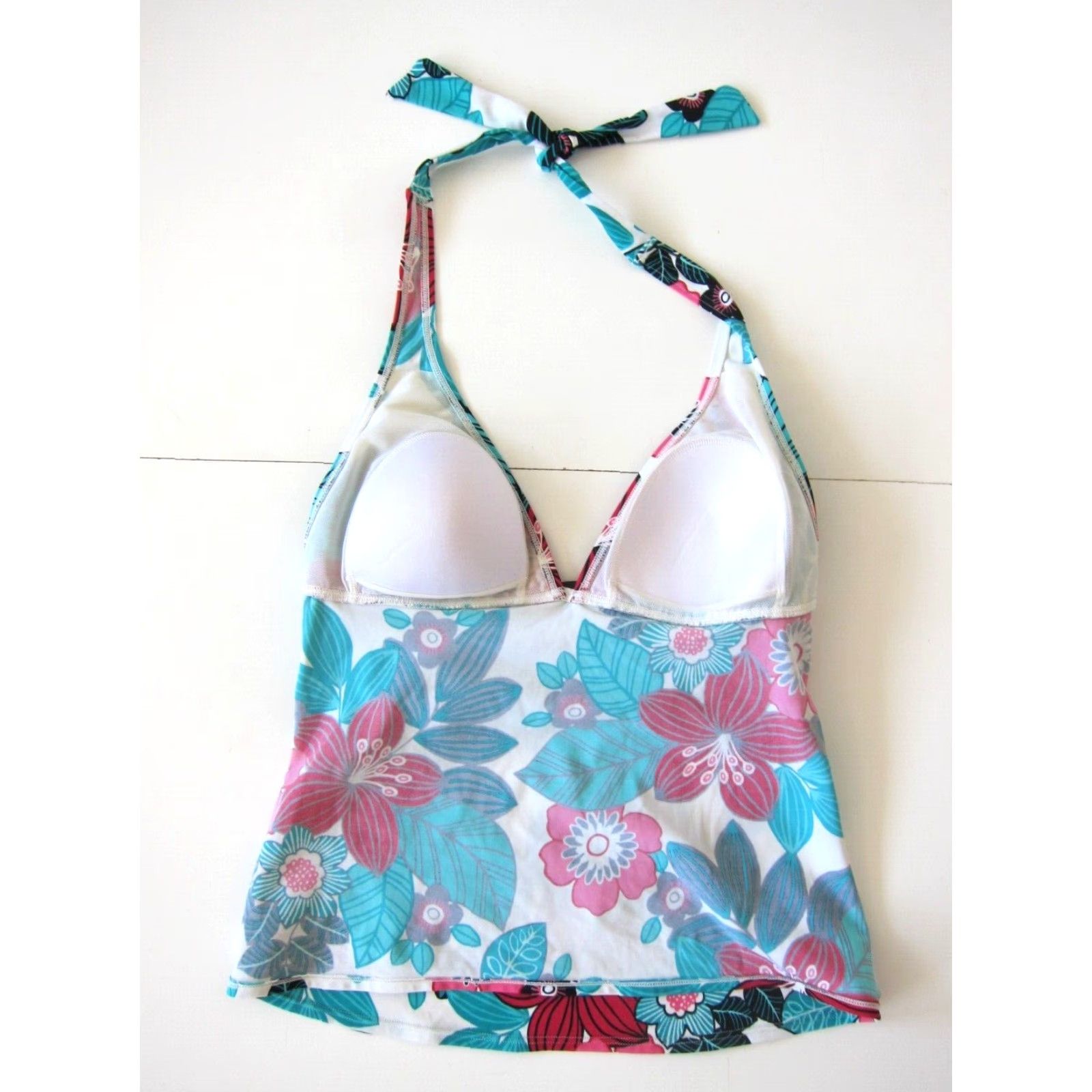 Croft & Barrow Croft & Barrow Green Pink Floral Built In Bra Tankini Halter Swim Top Women 10 Size L / US 10 / IT 46 - 6 Thumbnail