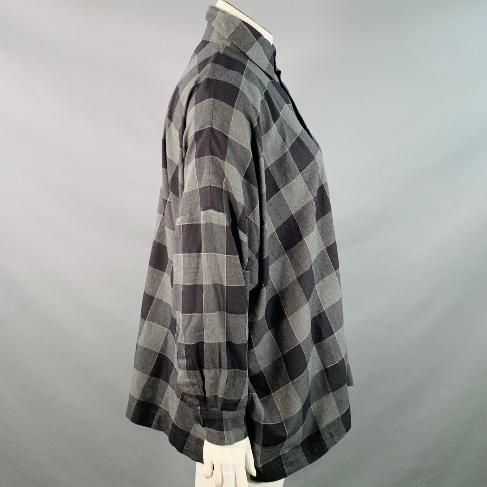 eskandar Black Charcoal Cotton Oversized Checkered Point Collar Shirt Size L / US 10 / IT 46 - 2 Thumbnail