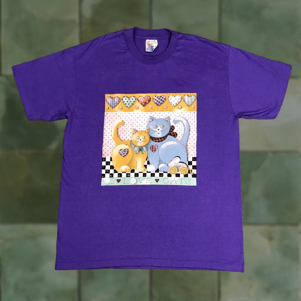 Hanes VINTAGE Hanes I Love Cats T-Shirt Purple Graphic Tee Short Sleeve Crew Neck L Women 90s Size L / US 10 / IT 46 - 1 Thumbnail