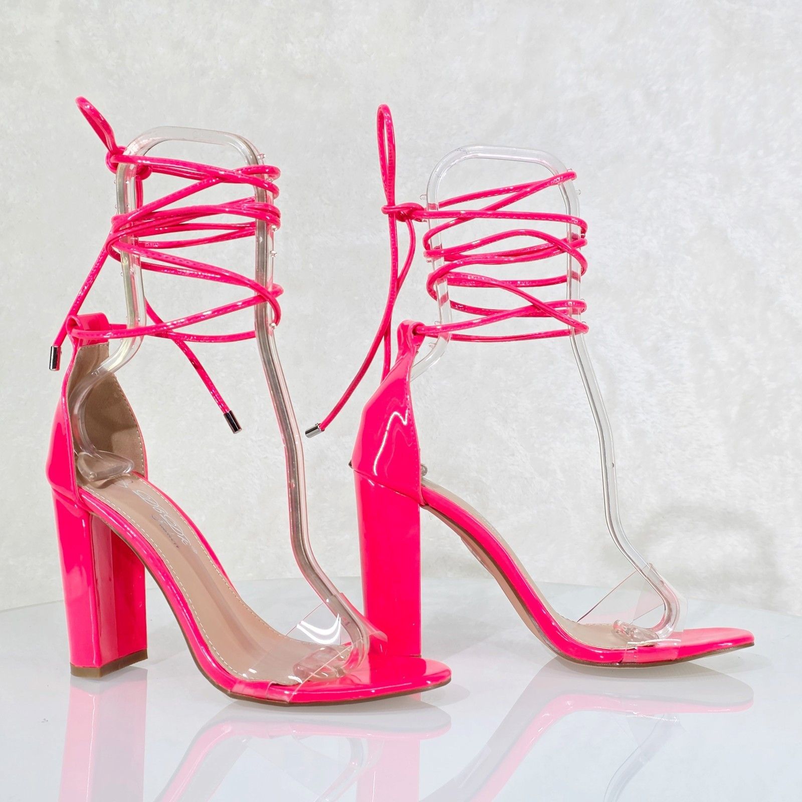 Other Shocker Tie Up Ankle Strap Neon Pink Chunky High Heels Sand Size US 9 / IT 39 - 4 Thumbnail
