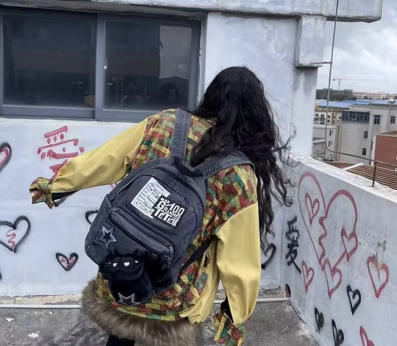 Japanese Brand Cartoon Washed Punk Goth Capacity Canvas School Backpack Bag Size ONE SIZE - 9 Thumbnail