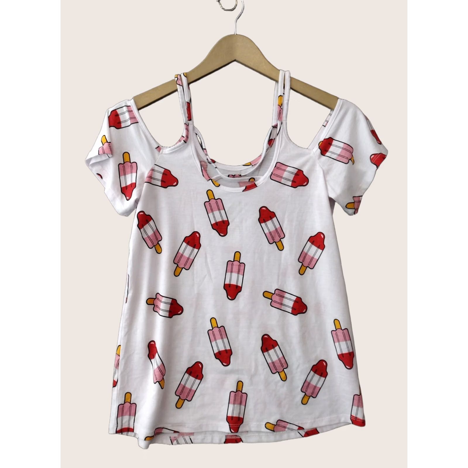 Vintage Women’s Off Shoulder S Round Neck Short Sleeve T Shirt Top Popsicles Shirt, White/Multi, Small, Regular, Womens Size S / US 4 / IT 40 - 1 Thumbnail