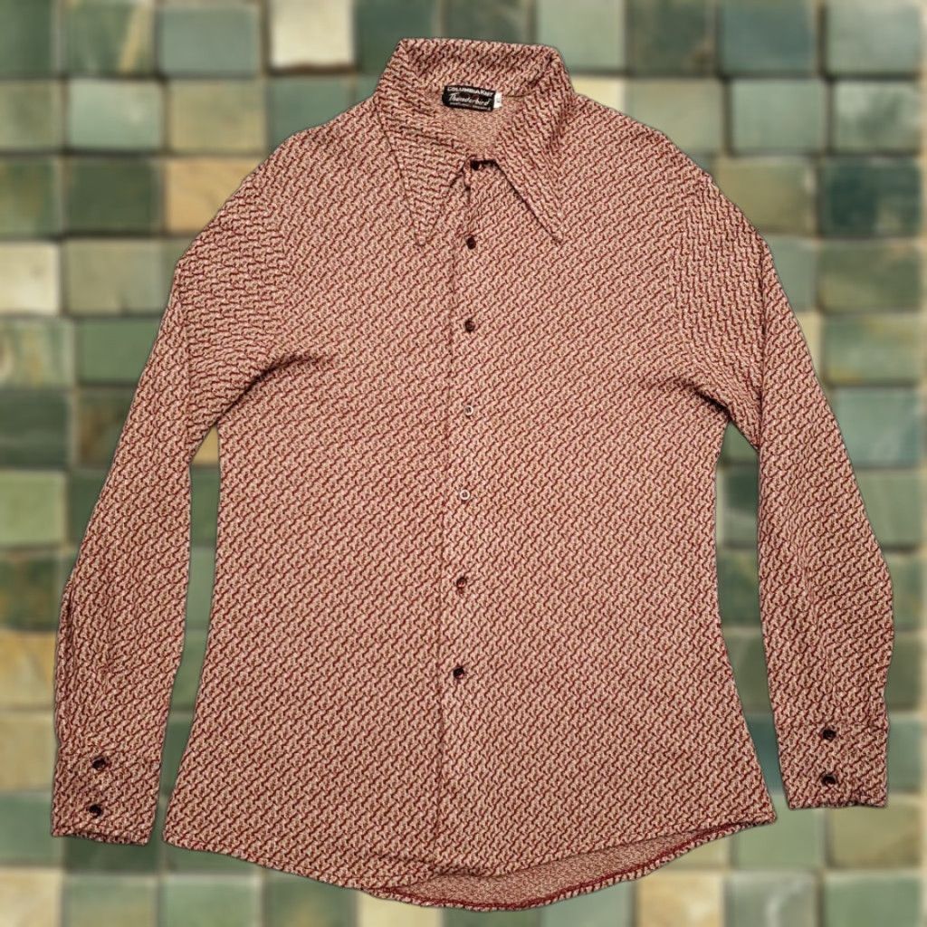 Vintage VINTAGE ColumbiaKnit Thunderbird Shirt Men XL Maroon Dagger Collar 70s Geometric Pattern Button-Up Collared Knit Polyester Long Sleeve Red Casual Mens Size US XL / EU 56 / 4 - 1 Thumbnail