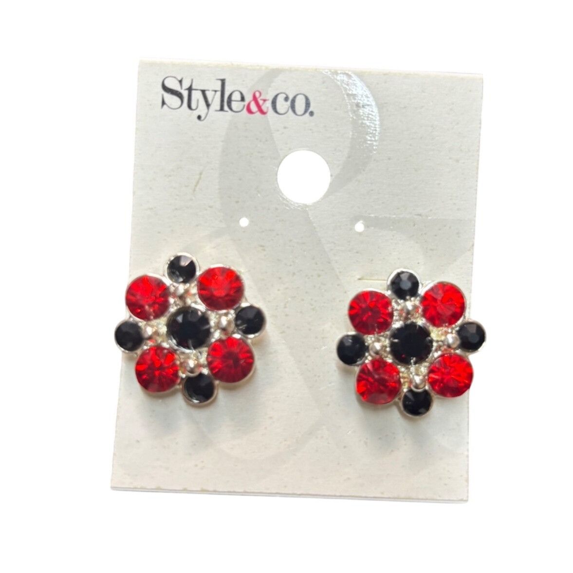 Other Style & Co. Red & Black Crystal Flower Stud Earrings Size ONE SIZE - 1 Thumbnail