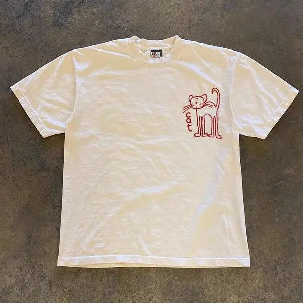 Japanese Brand VIBE White street washed retro cat print t-shirt Size US M / EU 48-50 / 2 - 2 Thumbnail