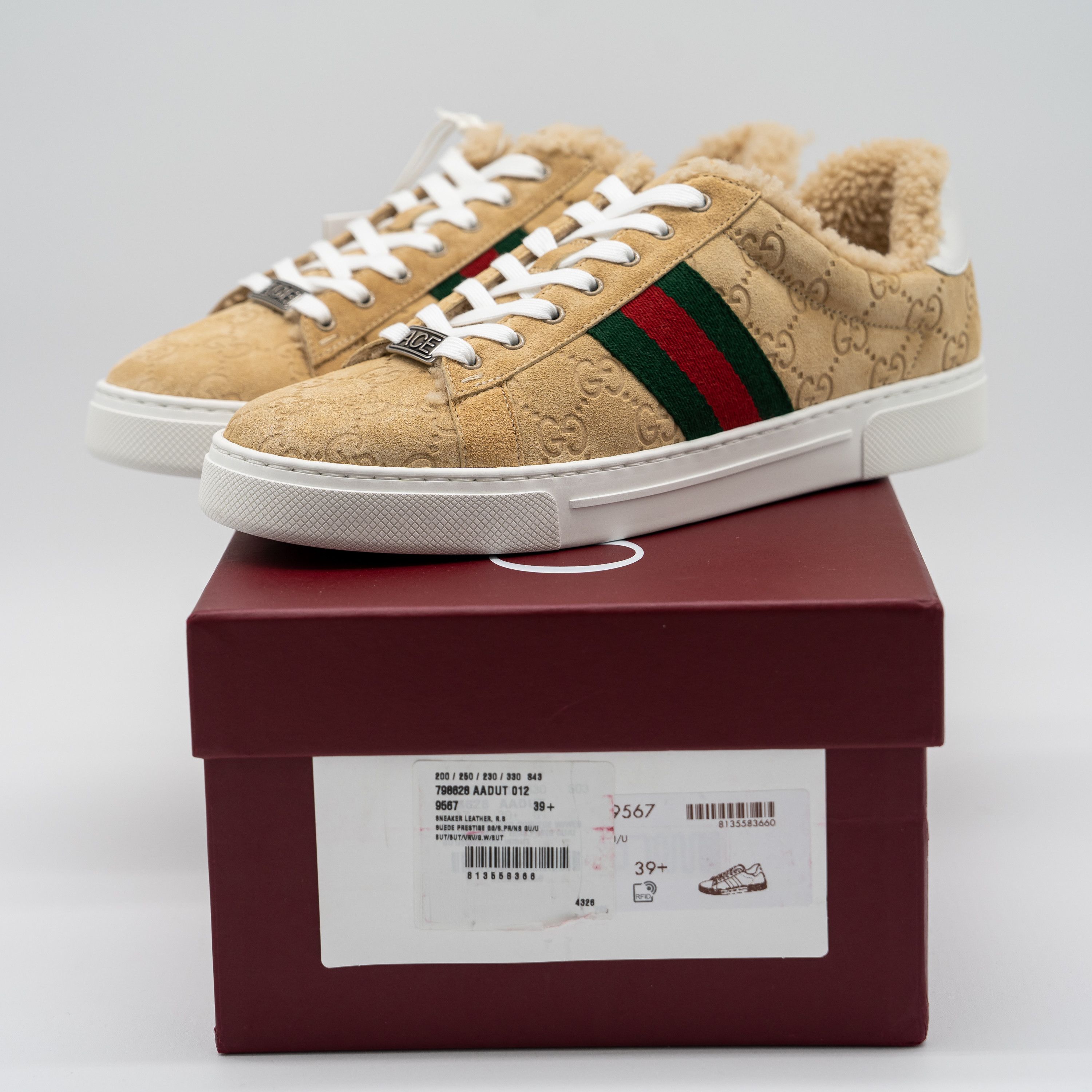 Gucci 9.5 US Gucci Ace GG Brown Mutton Fur Shearling Web Sneakers Size US 9.5 / IT 39.5 - 14 Thumbnail