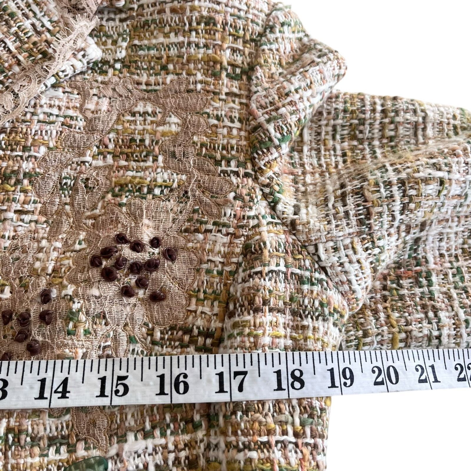 Other Vintage Rickie Freeman Teri Jon Beige Green Tweed Lace Trim Size 34" / US 12 / IT 48 - 9 Thumbnail