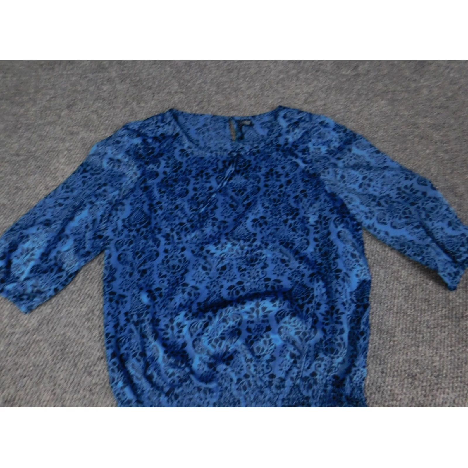 Vintage Ashley Judd Womens Blouse XL Blue Floral Crew Neck Pullover Stretch Long Sleeve Regular Fit Button Polyester Size XL / US 12-14 / IT 48-50 - 2 Thumbnail