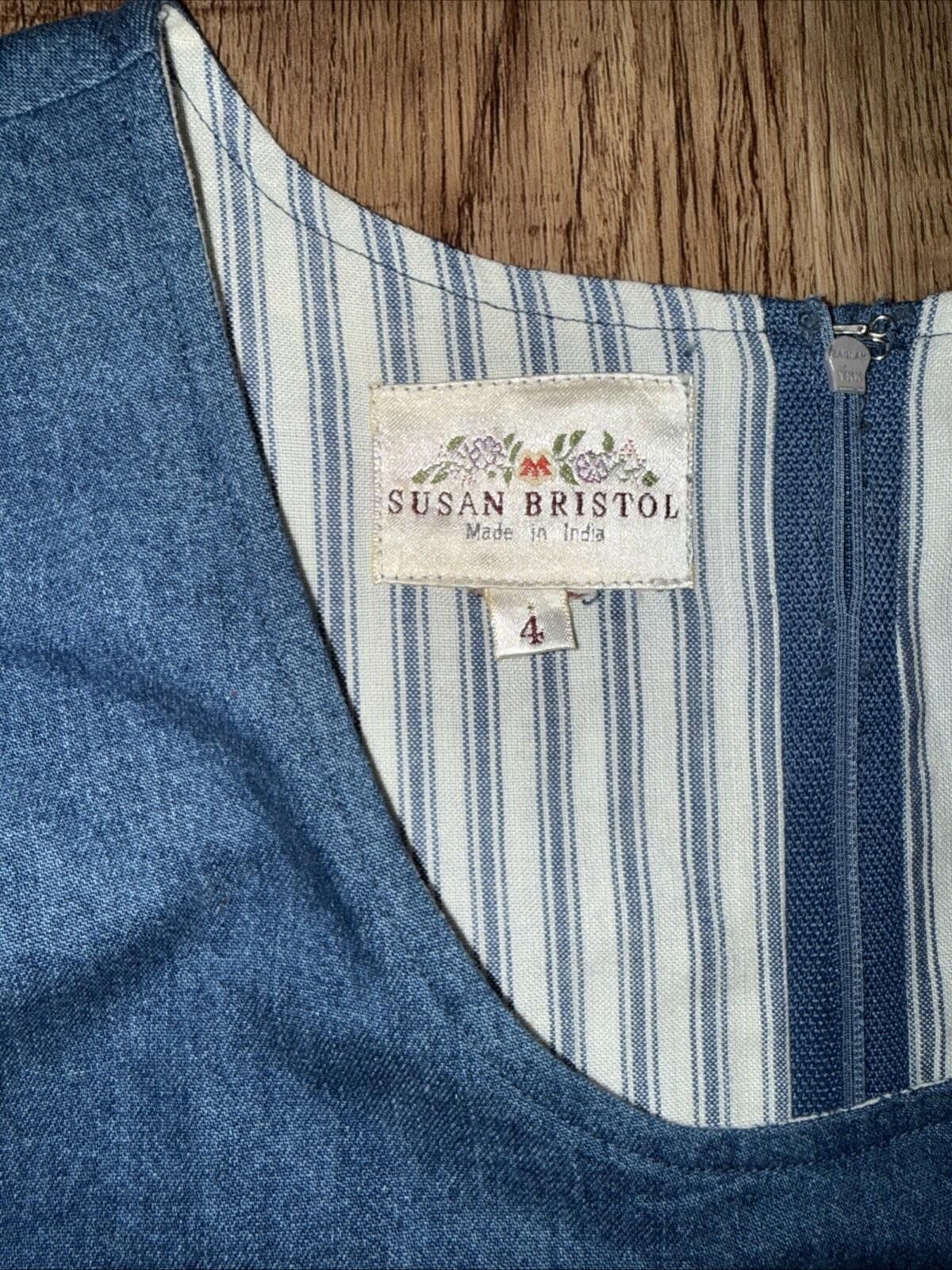 Other Vtg Susan Bristol Dress Cottage Prairie Pinafore Blue Denim Size L / US 10 / IT 46 - 4 Thumbnail