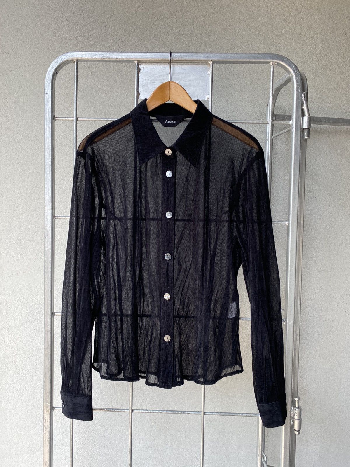 Designer Asuka Black Sheer Velvet Shirt. Size L / US 10 / IT 46 - 4 Thumbnail