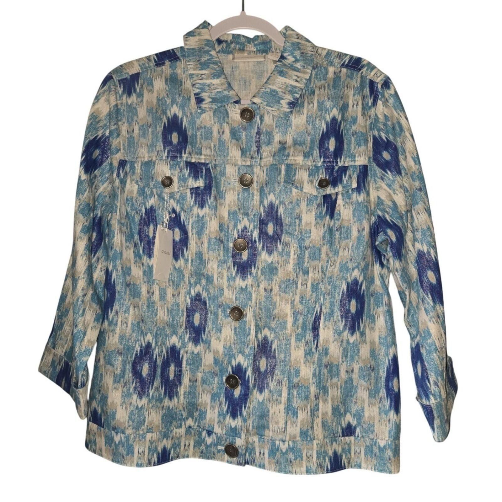 Chicos Chico's Linen Cotton Ikat Print Button Front Jacket Blue 2 Size M / US 6-8 / IT 42-44 - 1 Thumbnail