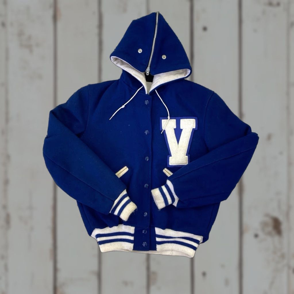 Vintage VINTAGE DeLong Wool Letterman Varsity Jacket Blue Split Hood 36 Unisex Adults Regular Size Jacket Size US XXS / EU 40 - 1 Thumbnail