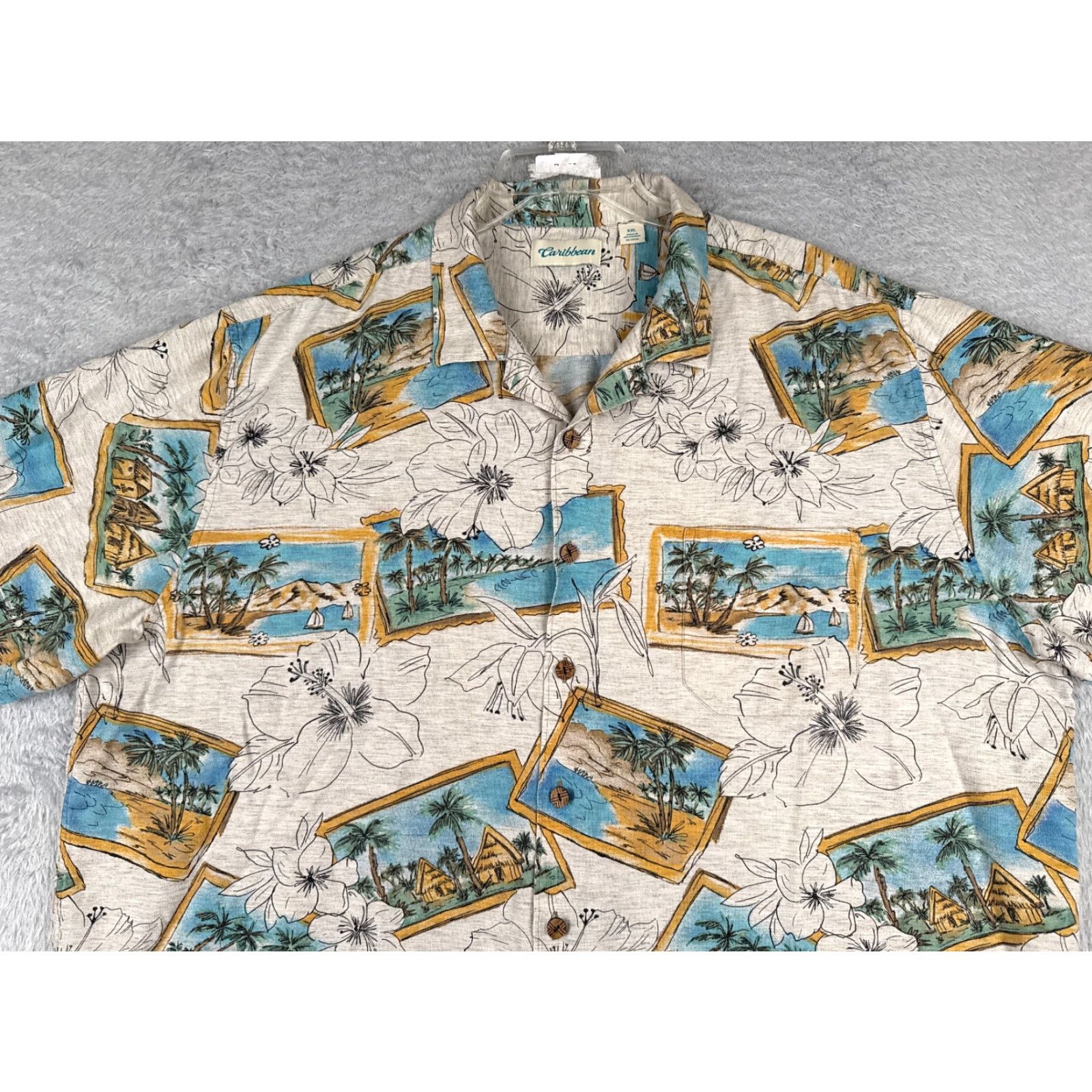Vintage Caribbean Shirt Mens 2XL XXL Gray Floral Palm Postcard Hawaiian Cotton Blend Size US XXL / EU 58 / 5 - 6 Thumbnail