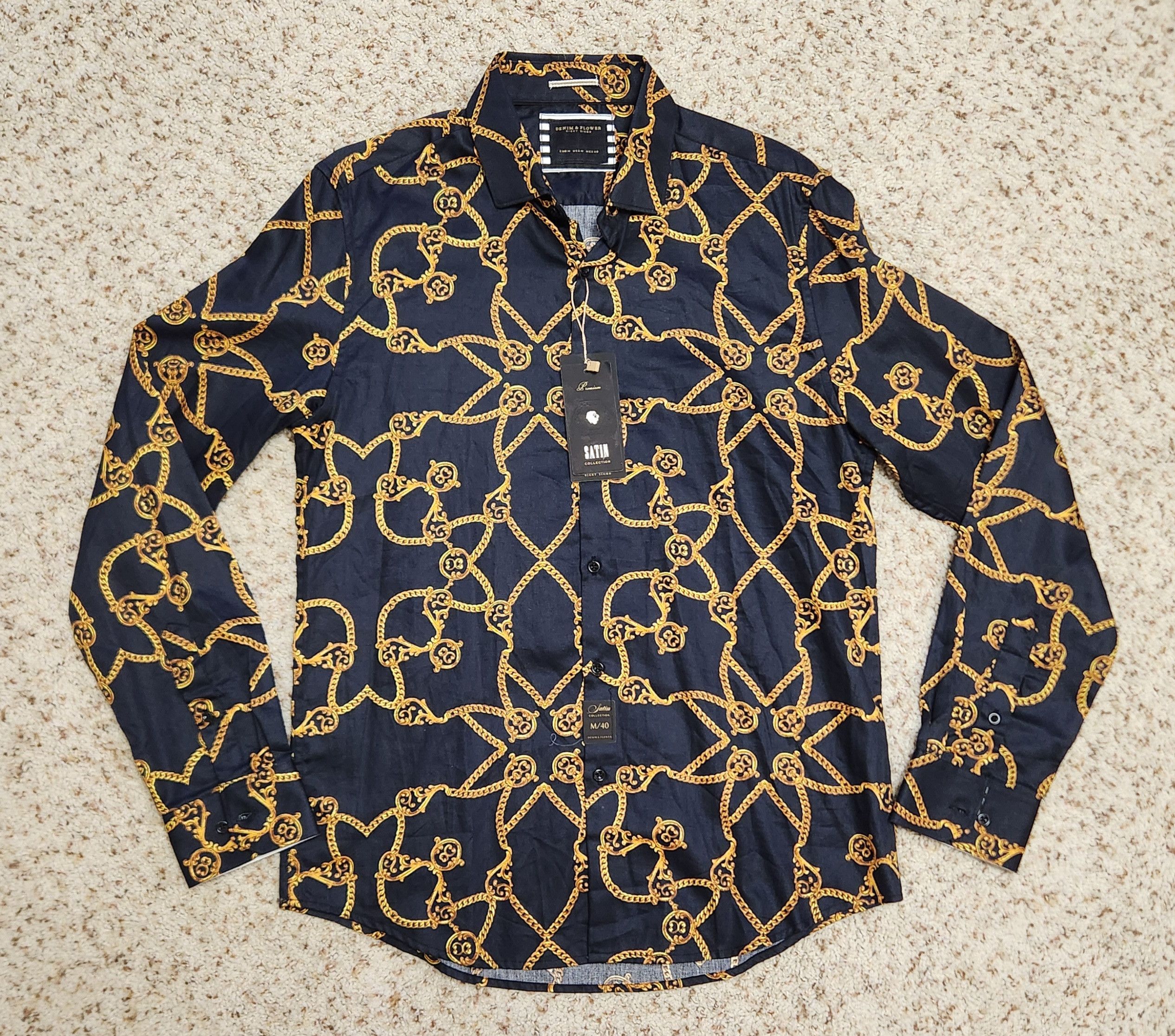 Denim & Flower men's NWT shirt S M black gold cotton long sleeve Size US M / EU 48-50 / 2 - 9 Thumbnail