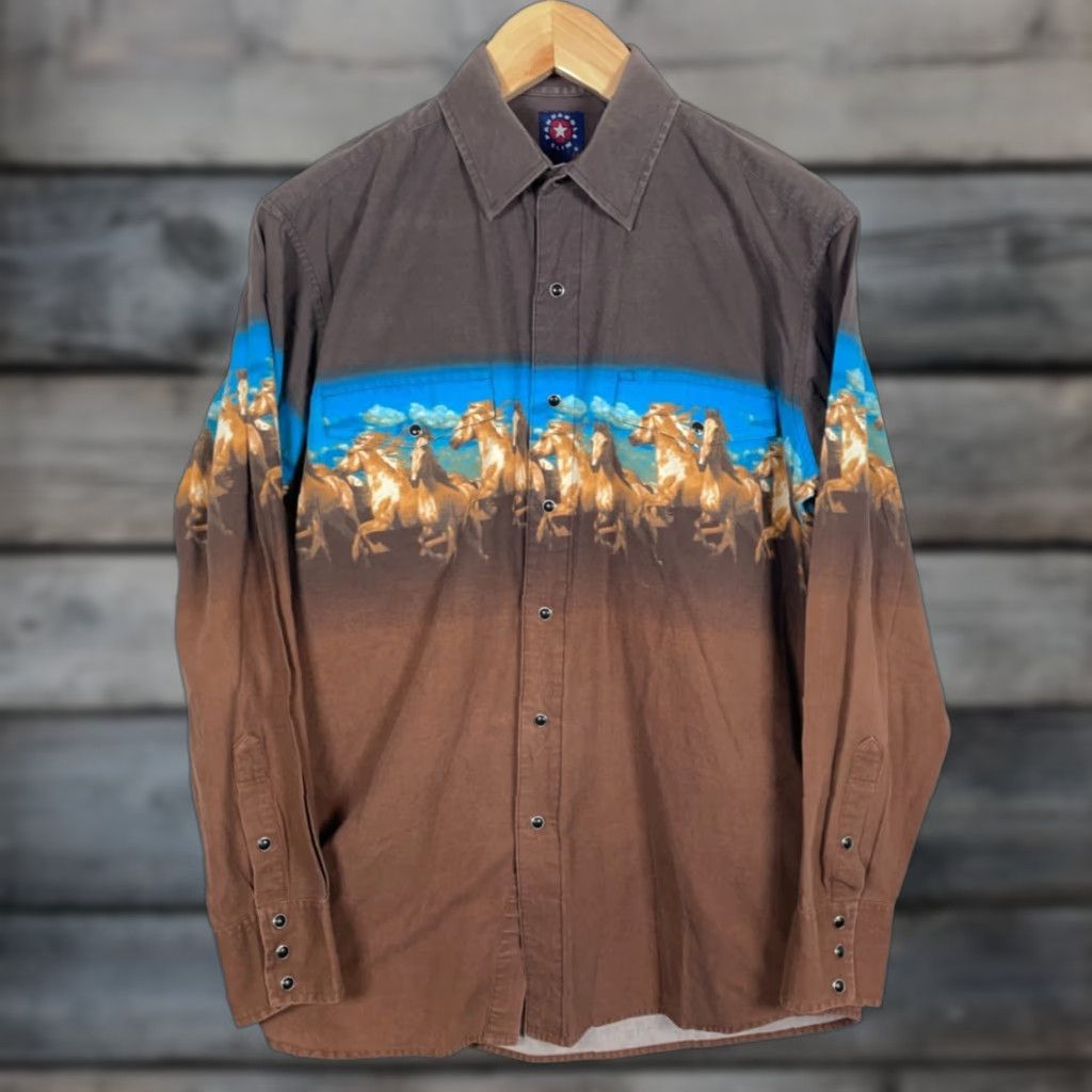 Vintage VINTAGE Panhandle Slim Western Shirt Men's Large Brown Running Horse Motif Cowboy Rodeo Shirt Size US L / EU 52-54 / 3 - 1 Thumbnail