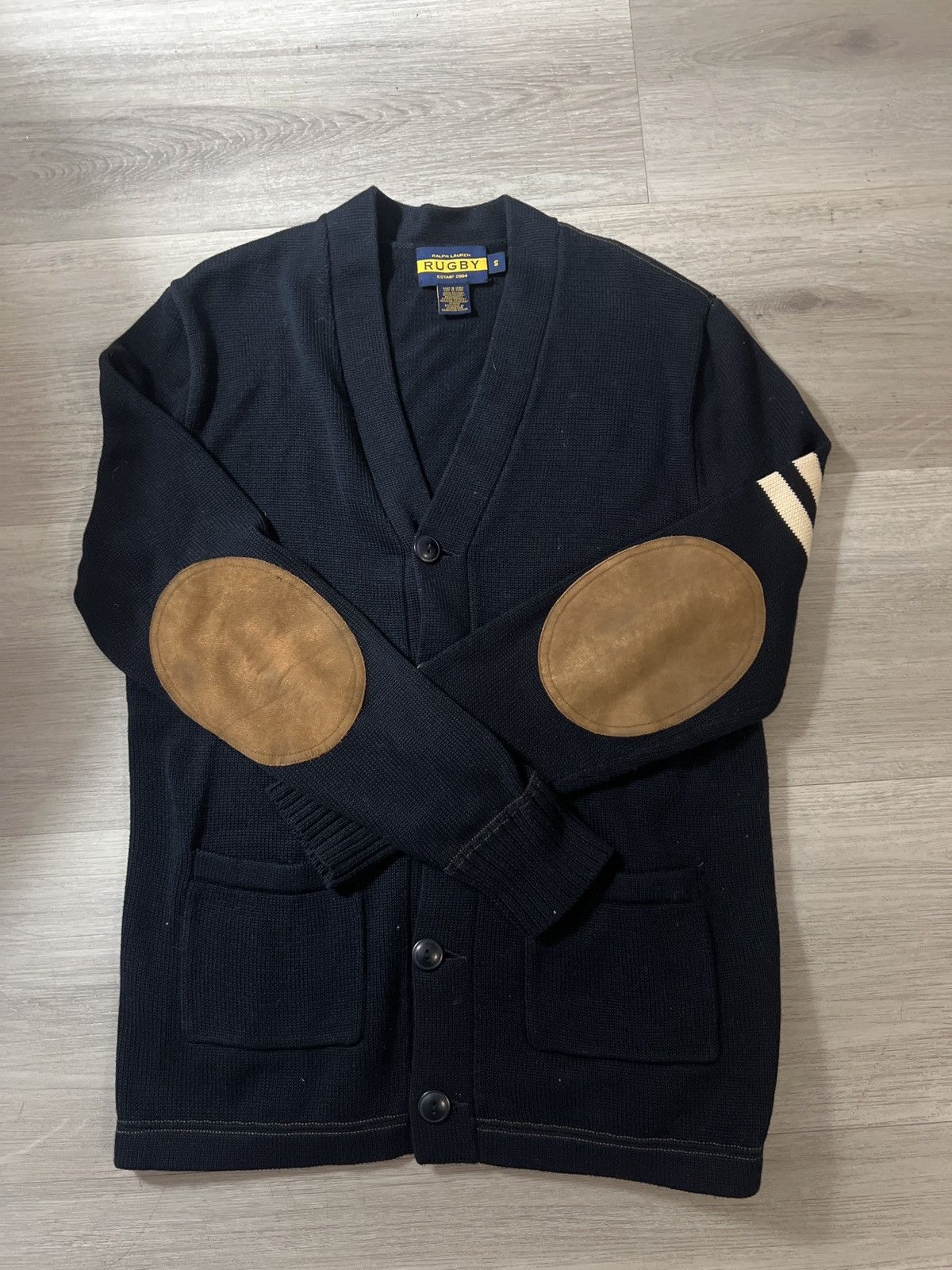 RALPH LAUREN RUGBY CARDIGAN WITH LEATHER ELBOW PATCHES