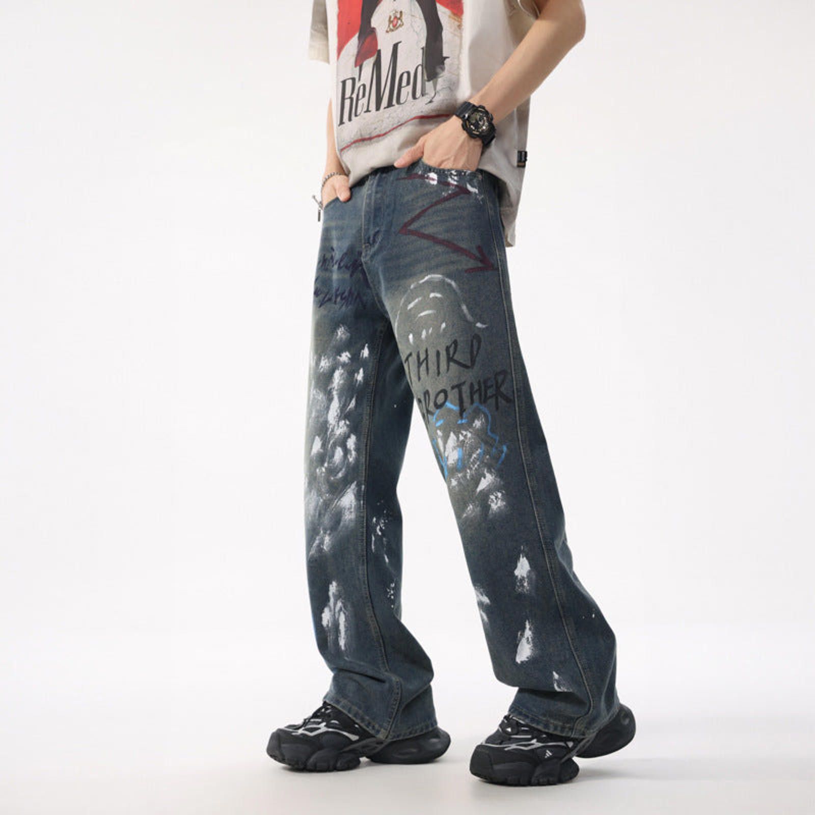 Jean Blue Relaxed Fit Painted Effect Denim Jeans Size US 30 / EU 46 - 4 Thumbnail
