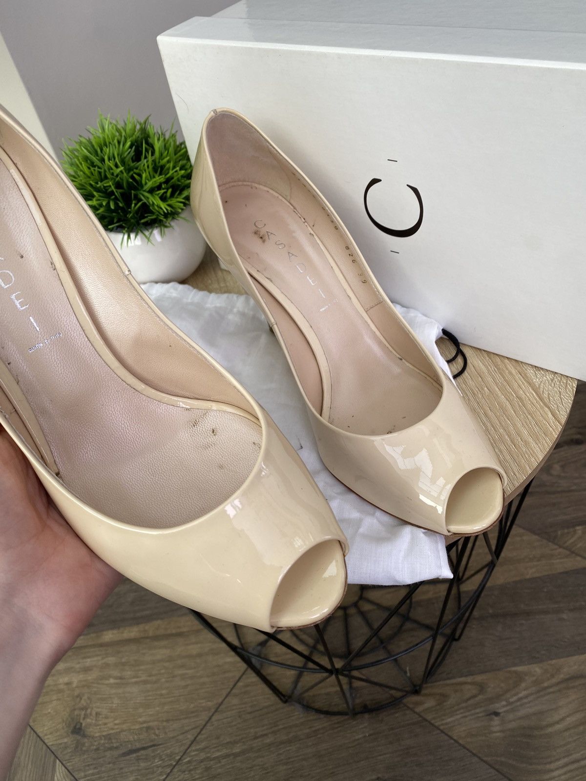 Casadei Casadei Patent Leather Wedge Heels Nude Peep Toe Pumps Size US 9 / IT 39 - 9 Thumbnail