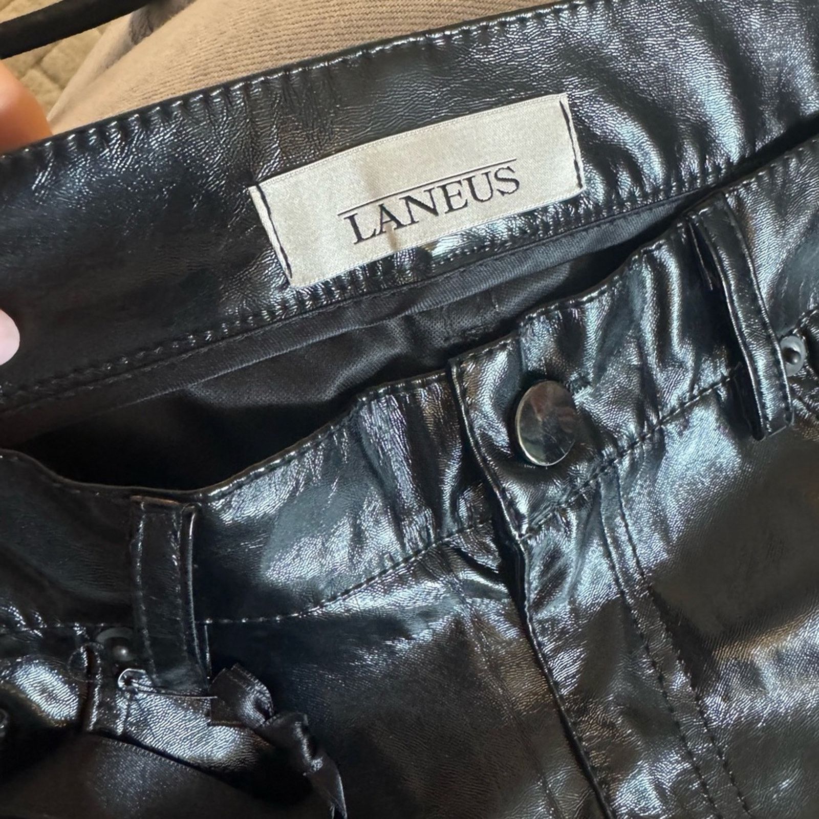 Laneus Laneus NWT Women’s Glossy Black Trousers/ Leather Pants Size 31" - 3 Thumbnail
