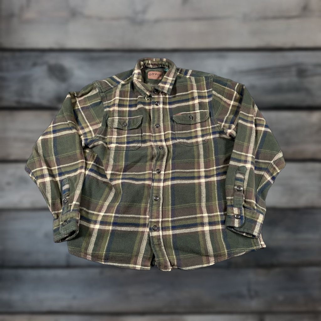 Orvis Orvis Flannel Shirt Jacket Men's Medium Olive Green Plaid Shacket Distressed, Heavyweight, Pockets, Button-Up, 90s Grunge Retro Casual Workwear Size US M / EU 48-50 / 2 - 1 Thumbnail