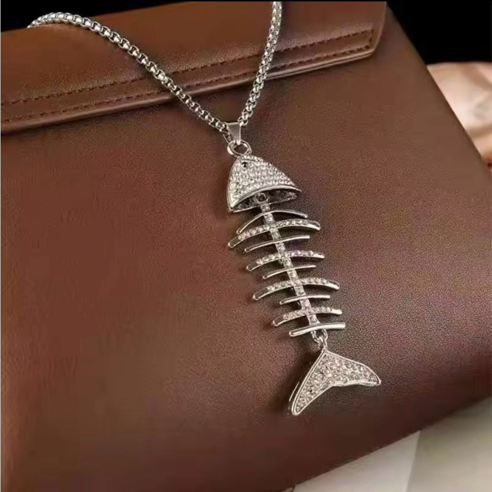 Other Fish Bone Necklace Inlaid Rhinestone Fishtail Pendant Size ONE SIZE - 3 Thumbnail