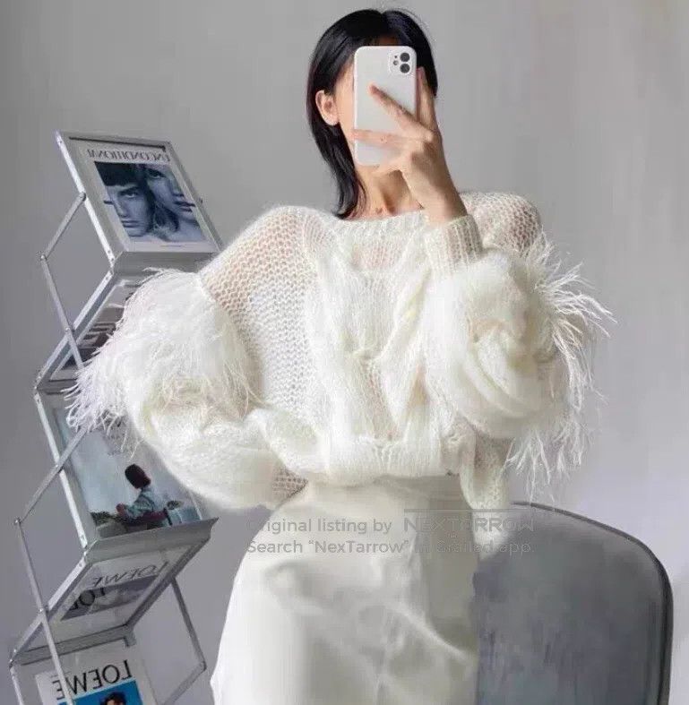 Loewe Loewe Off-white Mohair Round Neck Feather Sleeve Knit Swea Size S / US 4 / IT 40 - 8 Thumbnail