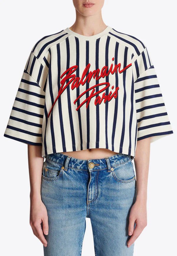 Balmain o1mt1gz0326 Striped Baseball T-Shirt in White/Blue Size S / US 4 / IT 40 - 2 Thumbnail