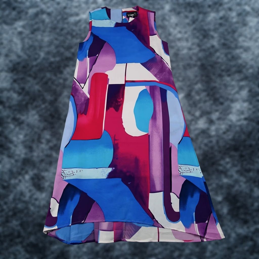 Vintage VINTAGE The Station Dress Womens 8 Blue Geometric Shift Sleeveless Midi Pockets Art VTG Size M / US 6-8 / IT 42-44 - 1 Thumbnail