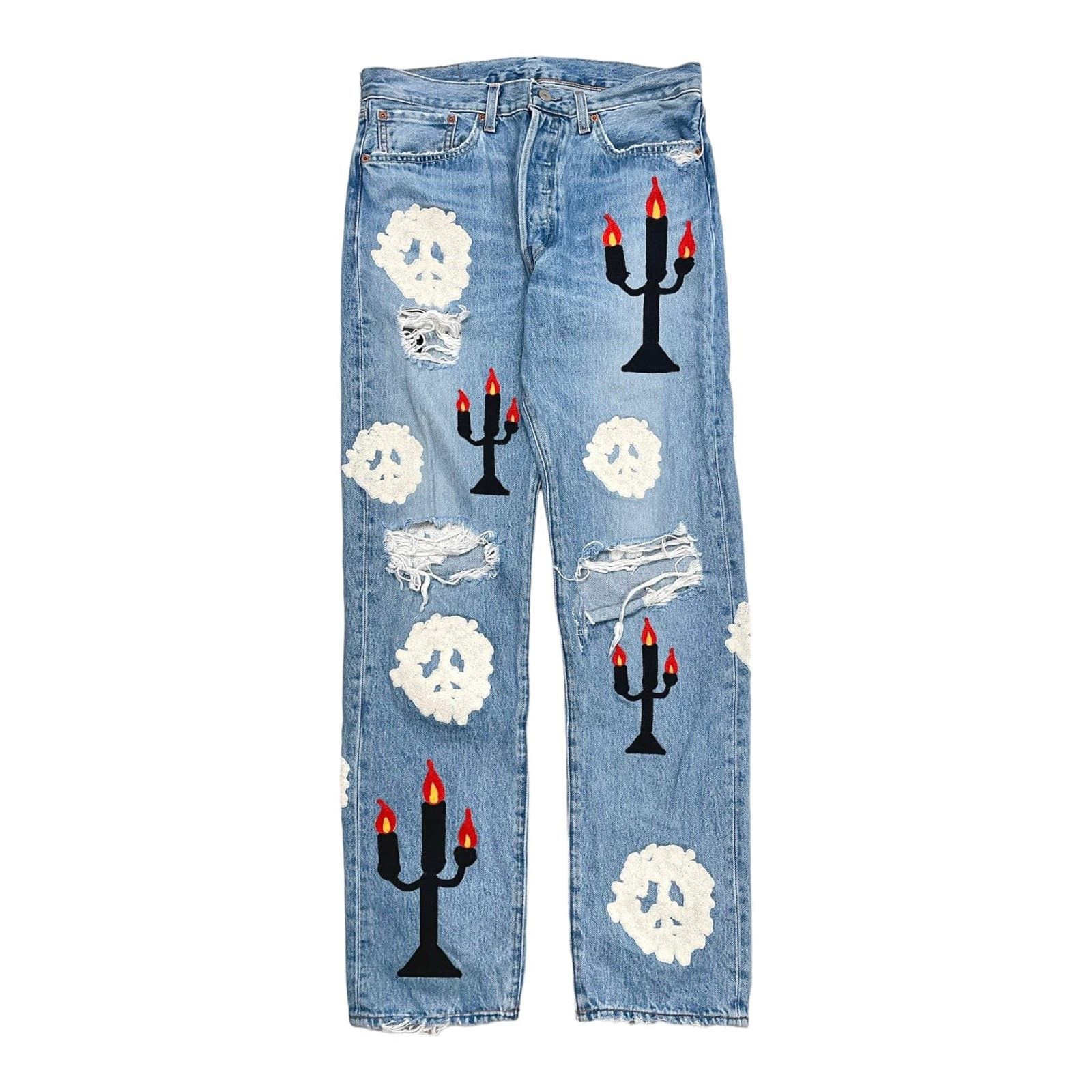 image of Denim Tears Virgil Abloh Message In A Tear Embroidered Jeans, Men's (Size 33)