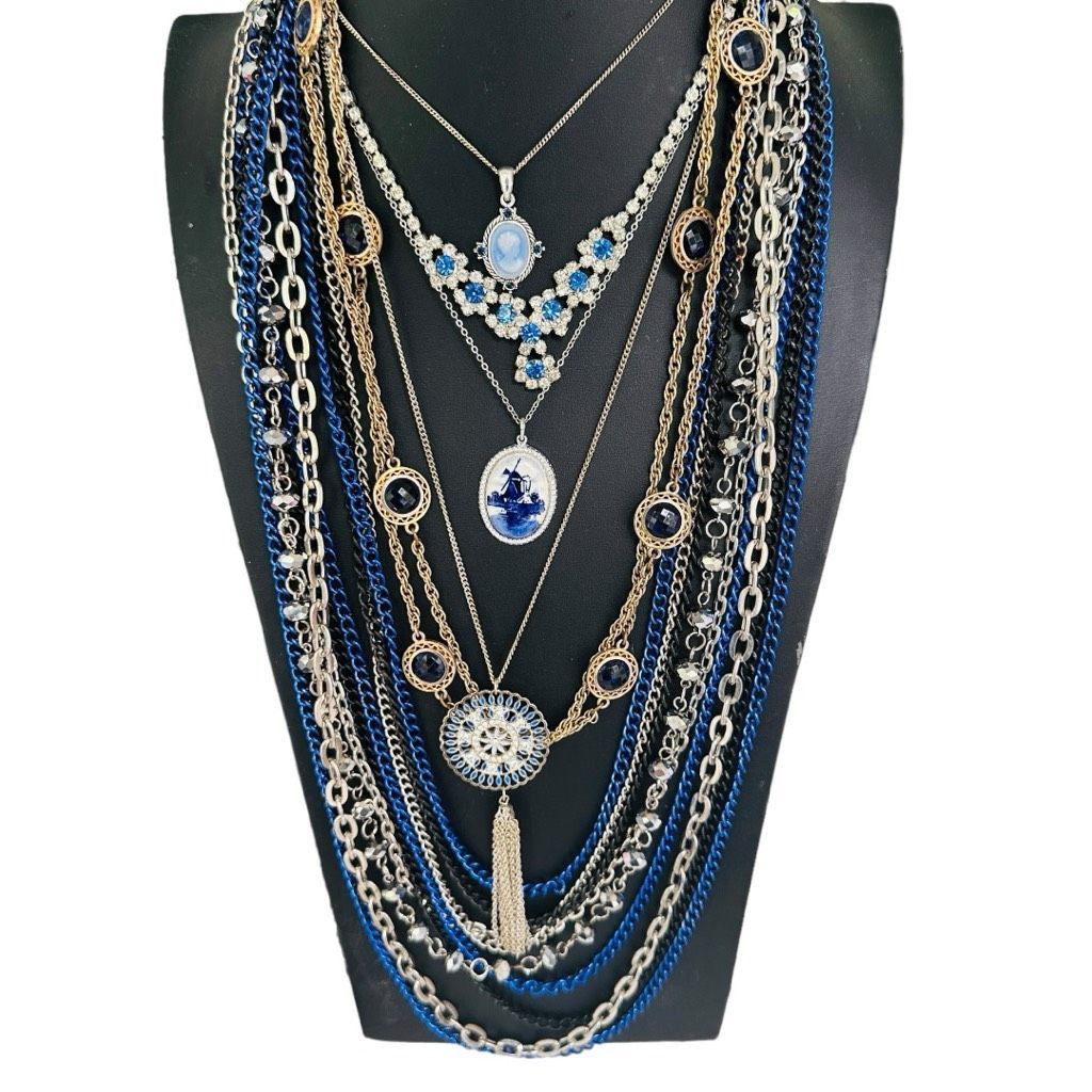 image of Bulk Lot Of 6 Blue Silver Necklaces Vintage To Modern Cameo, Women's